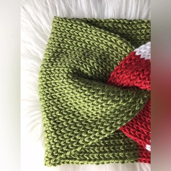 Festive Green and Red Knitted Sparkle Headband, Ear-warmer, Handmade, New - Picture 4 of 7